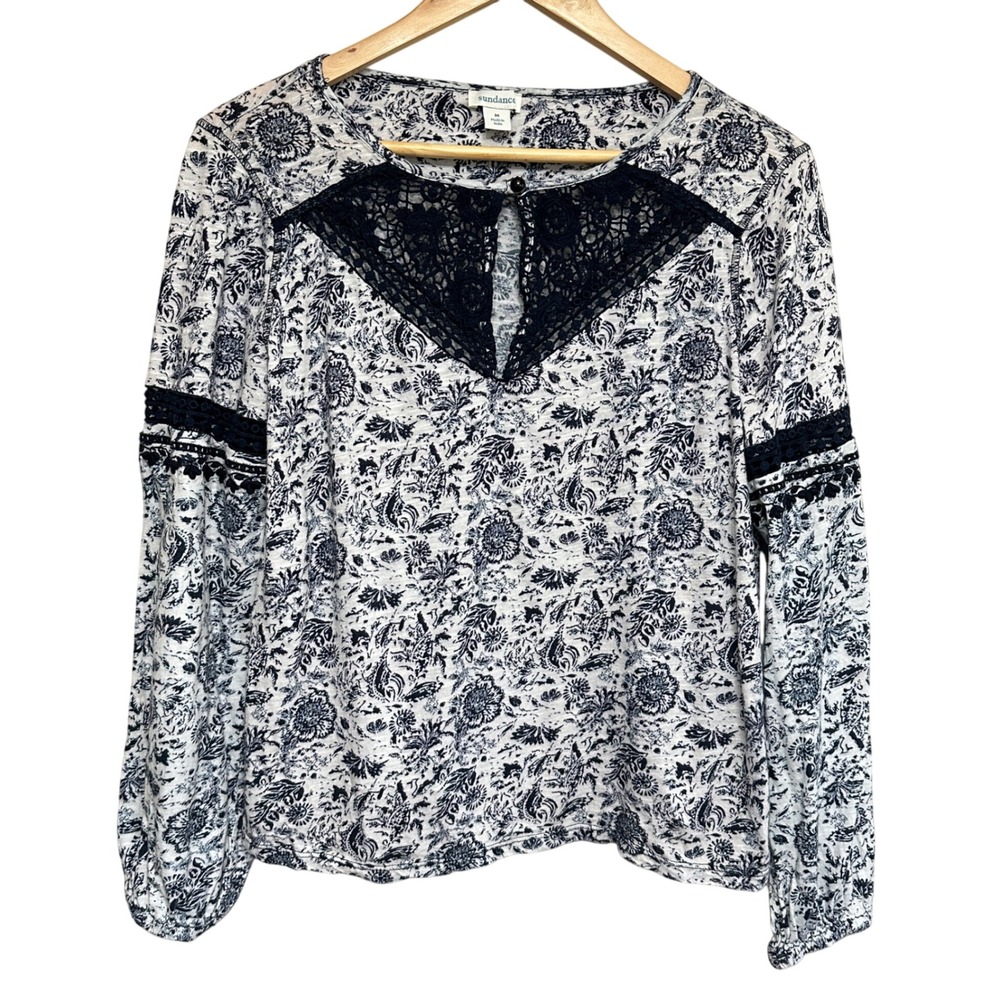 Sundance Floral Print‎ Blouse Womens M Blue Lace Trim Boho Toile Travel Relaxed